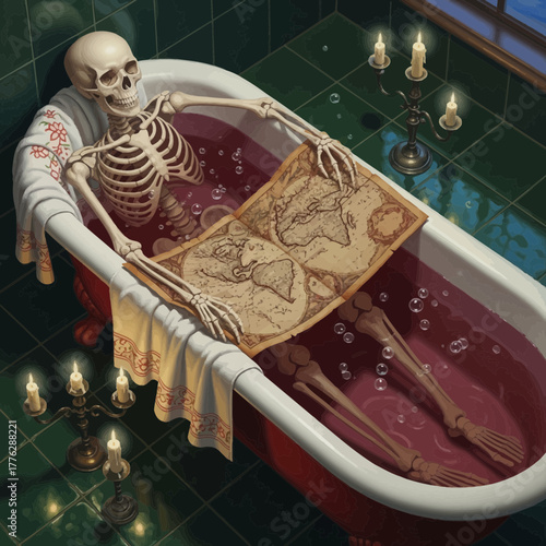 An ancient skeleton finds a moment of relaxation in a vintage bathtub, engrossed in an old map, surrounded by flickering candlelight and ethereal pink clouds