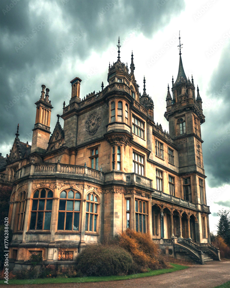 Obraz premium Gothic Victorian mansion with ornate turrets under moody sky