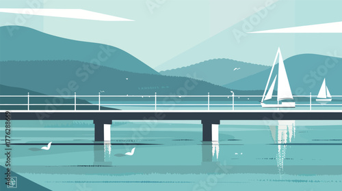 Flat line art illustration of a bridge over water — minimalist architectural vector design