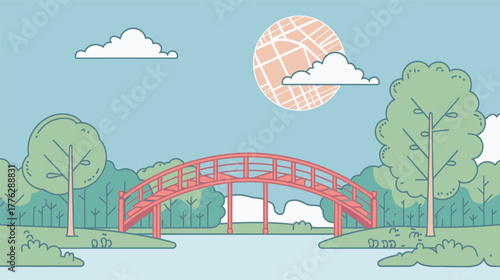 Flat line art illustration of a bridge over water — minimalist architectural vector design