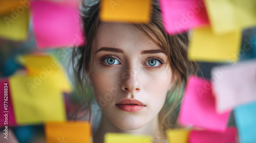 Portrait of a young woman with striking blue eyes, surrounded by vibrant, colorful sticky notes, conveying a sense of focus and organization.