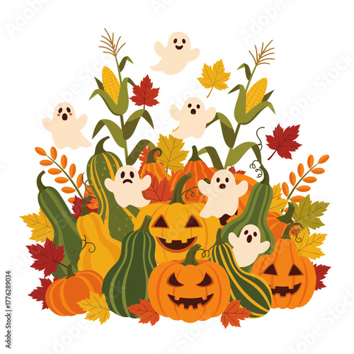 Spooky Halloween Scene with Glowing Pumpkins, Ghosts, and Autumn Leaves