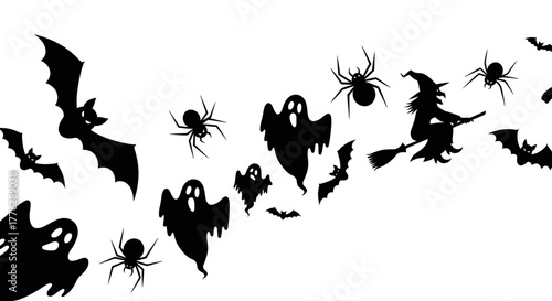 Spooky Halloween Silhouettes A collection of flying bats, ghostly figures, a witch on her broomstick, and creepy spiders on a white background