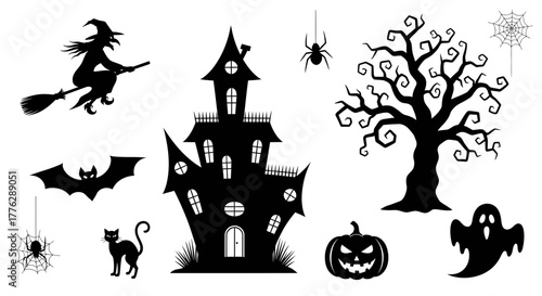 Halloween Silhouettes Haunted House, Witch, Ghost, Pumpkin, Bat, Spider, and Black Cat