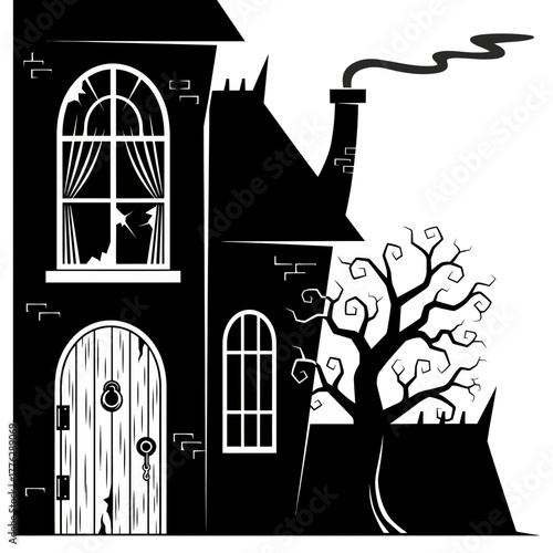 A Spooky Silhouetted Haunted House with a Crooked Tree Under a Smoky Sky