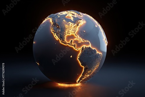 Glowing Earth, Global Perspective, Planet Earth, Illuminated, 3D Model, Vivid Colors.
