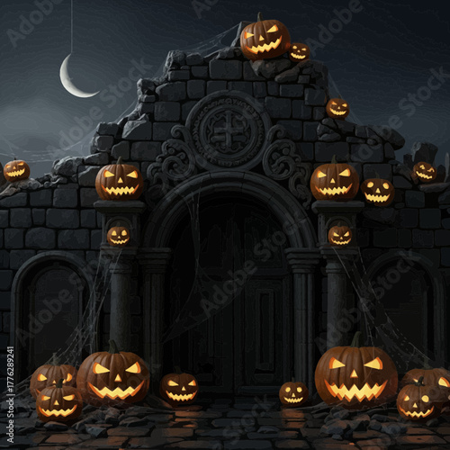 Spooky Halloween Scene Haunted Mansion Entrance Adorned with Jack-o'-Lanterns and Cobwebs Under a Crescent Moon