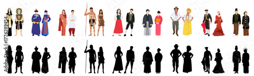 Vector flat style illustration of diverse people wearing traditional costumes, representing various cultures and heritage with silhouette.
