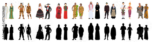 Vector flat style illustration of diverse people wearing traditional costumes, representing various cultures and heritage with silhouette.