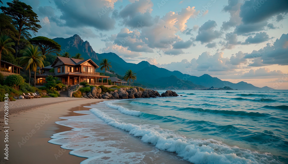 Obraz premium A cozy lounge area with a sofa and coffee table on the seashore, a resort villa on the oceanfront, stylish interior.