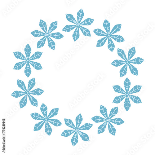 Winter snowflake wreath illustration with blue geometric snow crystals arranged in a circular frame on white background, minimal festive design perfect for Christmas cards and holiday decor