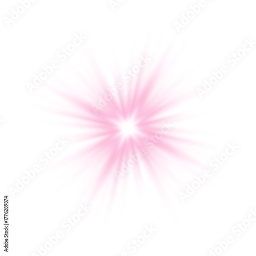 Pink sunlight lens flare, sun flash with rays and spotlight. Glowing burst explosion, vector	

