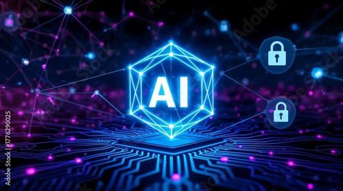 Central glowing AI hexagon on digital circuit board with padlock.