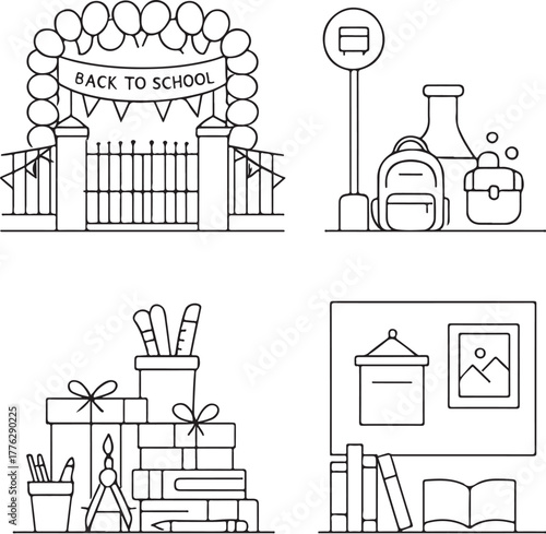 School Decorative Compositions Gate, Bus Stop, Gift Boxes, and Wall Frame Black and White Vector Illustration.eps