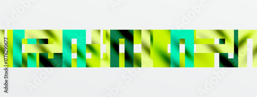 Abstract geometric pattern. Green, yellow hues dominate composition. Rectangles form fragmented visual texture. Minimalist design.