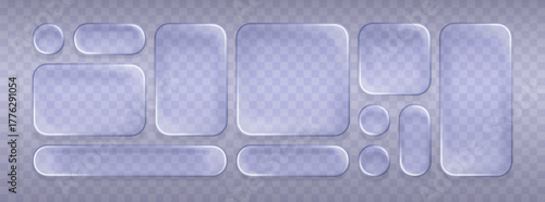 3d liquid glass ui design elements. Realistic transparent glassmorphism round square buttons with matte effect and shade. Menu bars for smartphone screen web app. Vector isolated glass set