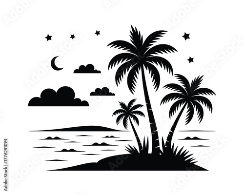 Tropical island with palm trees under the moon and stars