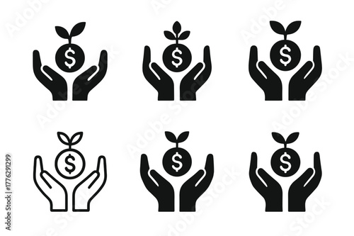 Microfinance Logo Variations. Microfinance. Set Logo of Microfinance: small seed coin in nurturing hands. harmonious logo variations of the same emblematic