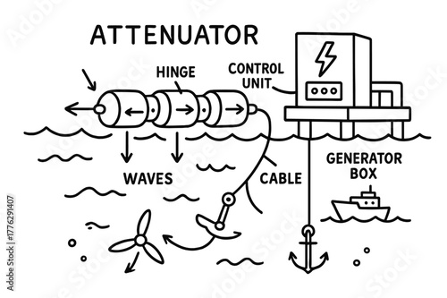 Wave Energy Diagram. Attenuator device. Hand-drawn doodle illustration attenuator device linked floats, hinge, waves, generator box, arrows of motion, anchor,