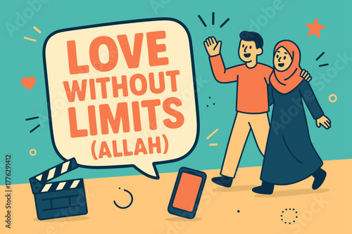 Limitless Love Banner. Love Without Limits (Allah) banner, flat vector illustration, bold oversized text inside sticker outline, cartoon characters walking