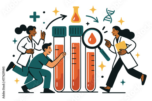 Vibrant Medical Diagnostics. Blood test. Close-up of blood vials with abstract floating icons, arrows, and sparkles; emphasizes testing, analysis,