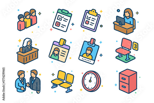 Jury Selection Icons. Jury selection process. Colorful isometric vector icons set of Jury selection process: potential jurors line, questionnaire form,