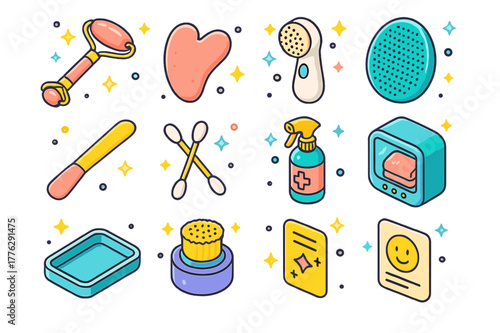 Colorful Skincare Tools. Clean skincare tools. Colorful isometric vector icons set of Clean skincare tools: facial roller, gua sha stone, cleansing brush,