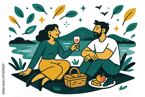 Serene Lakeside Picnic. A couple having a picnic by the lake, relaxing and enjoying the outdoors. Couple sitting on blanket by serene lake with basket and