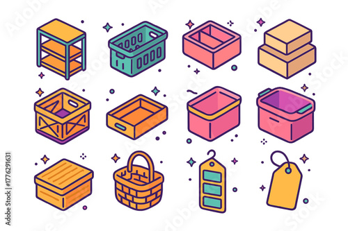 Minimalist Storage Icons. Minimalist storage solutions. Colorful isometric vector icons set of Minimalist storage solutions: open shelving, storage basket,