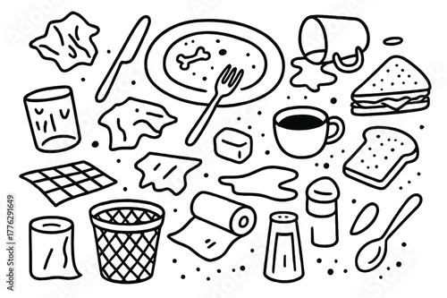 Post-Meal Chaos. After Meal. Hand-drawn doodle illustration After Meal crumpled napkin, plate, fork, knife, spilled drink, crumbs, coffee cup, bread, sandwich,