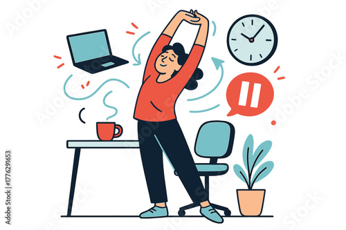 Dynamic Stretch Break. Office stretch break. Person standing beside desk, reaching arms overhead; floating laptop, clock, and ?pause? bubble emphasize balance.