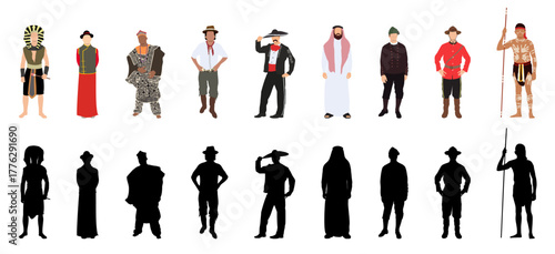 Men around the world in traditional native attire vector illustration with silhouette.