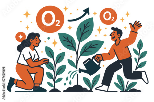 Photosynthesis in Motion. Oxygen. Plants producing oxygen via photosynthesis with abstract floating O2 molecules and sparkles; conveys ecology, sustainability,