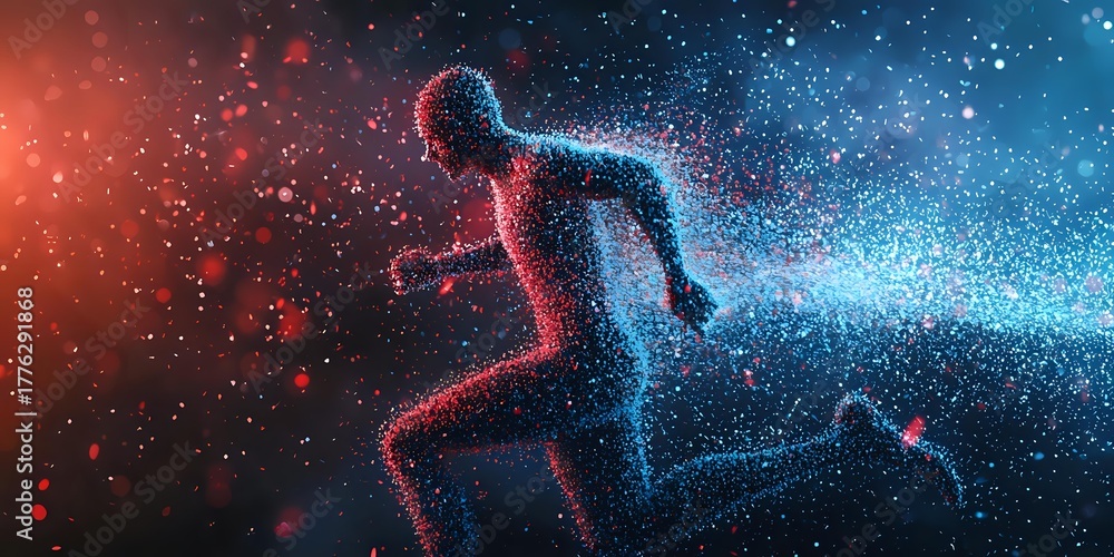 Naklejka premium Digital silhouette of runner composed of glowing particles against cosmic background with red and blue light effects. Represents speed, motion, and athletic achievement.