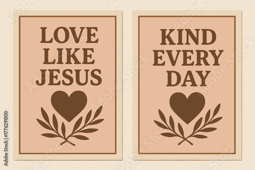 Love and Kindness Banners. Love in Action. Two vertical A6 banners with safe margins, centered composition, no elements touching edges, retro, cocoa and blush,