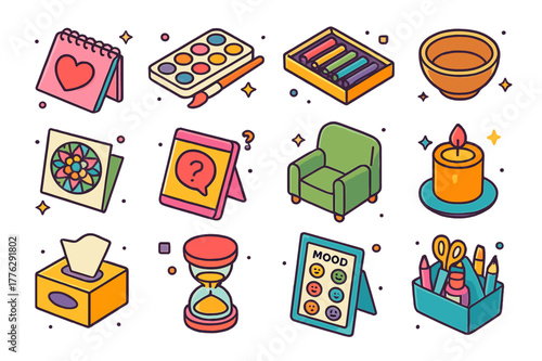 Colorful Art Therapy Icons. Art therapy. Colorful isometric vector icons set of art therapy: sketchbook with heart, watercolor set, soft pastels, clay bowl,