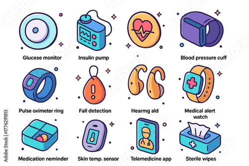 Colorful Medical Wearables. Medical wearables. Colorful isometric vector icons set of medical wearables: glucose monitor patch, insulin pump, ECG patch, blood