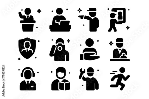 Auction Staff Icons. Auctioneer and staff. Solid icons set of Auctioneer and staff: auctioneer at podium, clerk typing, ringman pointing, porter carrying art,
