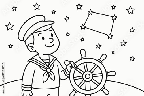 Sailor's Star Map. Stellar navigation children?s coloring book illustration, outlined drawing, a smiling sailor character looking up at the night sky with a