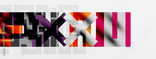 Abstract geometric composition. Blocks, squares, rectangles form colorful pattern. Minimalist design with dark background, light gray grid.