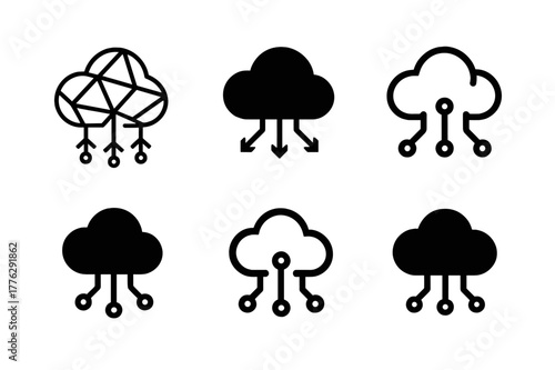 Cloud Technology Logos. Cloud technology. Set Logo of Cloud technology: CDN edge network. Icon set. harmonious logo variations of the same emblematic concept,