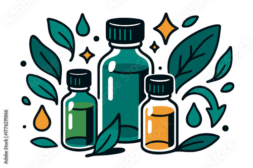 Colorful Aromatherapy Bliss. Aromatherapy oils. Small glass bottles with colorful essential oils surrounded by abstract floating leaves, droplets,