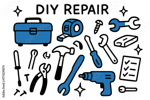 DIY Repair Tools. // DIY repair. Hand-drawn doodle illustration DIY repair [toolbox (accented), tape measure (accented), screw (accented), screwdriver, nails,