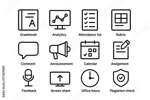 Instructor Tools Icons. Instructor tools. Line icon set of instructor tools: gradebook, analytics chart, attendance list, rubric, comment bubble, announcement,
