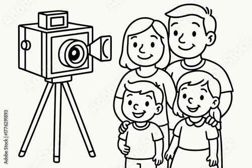 Camera Coloring Page. Old-fashioned camera children?s coloring book illustration, outlined drawing, a classic box camera on a tripod taking a family photo,