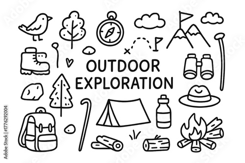 Doodle Exploration Essentials. Outdoor exploration. Hand-drawn doodle illustration Outdoor exploration trail map, compass, walking stick, tree, rock, backpack,