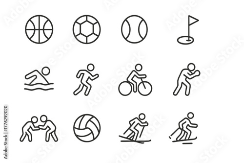Sport Icon Set. Sport. Line icon set of Sport: basketball, soccer, tennis, golf, swimming, running, cycling, boxing, wrestling, volleyball, ski, skateboard.