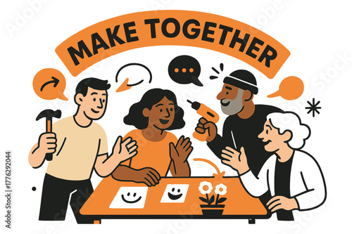 Community Tool Sharing. Relational aesthetics (social practice). Neighbors share tools and stories around a pop-up table; ?Make together? banner curves. Data