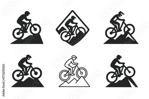 Mountain Biking Logos. Mountain biking. Set Logo of Mountain biking: cyclist climbing hill trail. harmonious logo variations of the same emblematic concept,