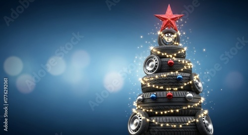 Christmas tree built from stacked car tires with lights